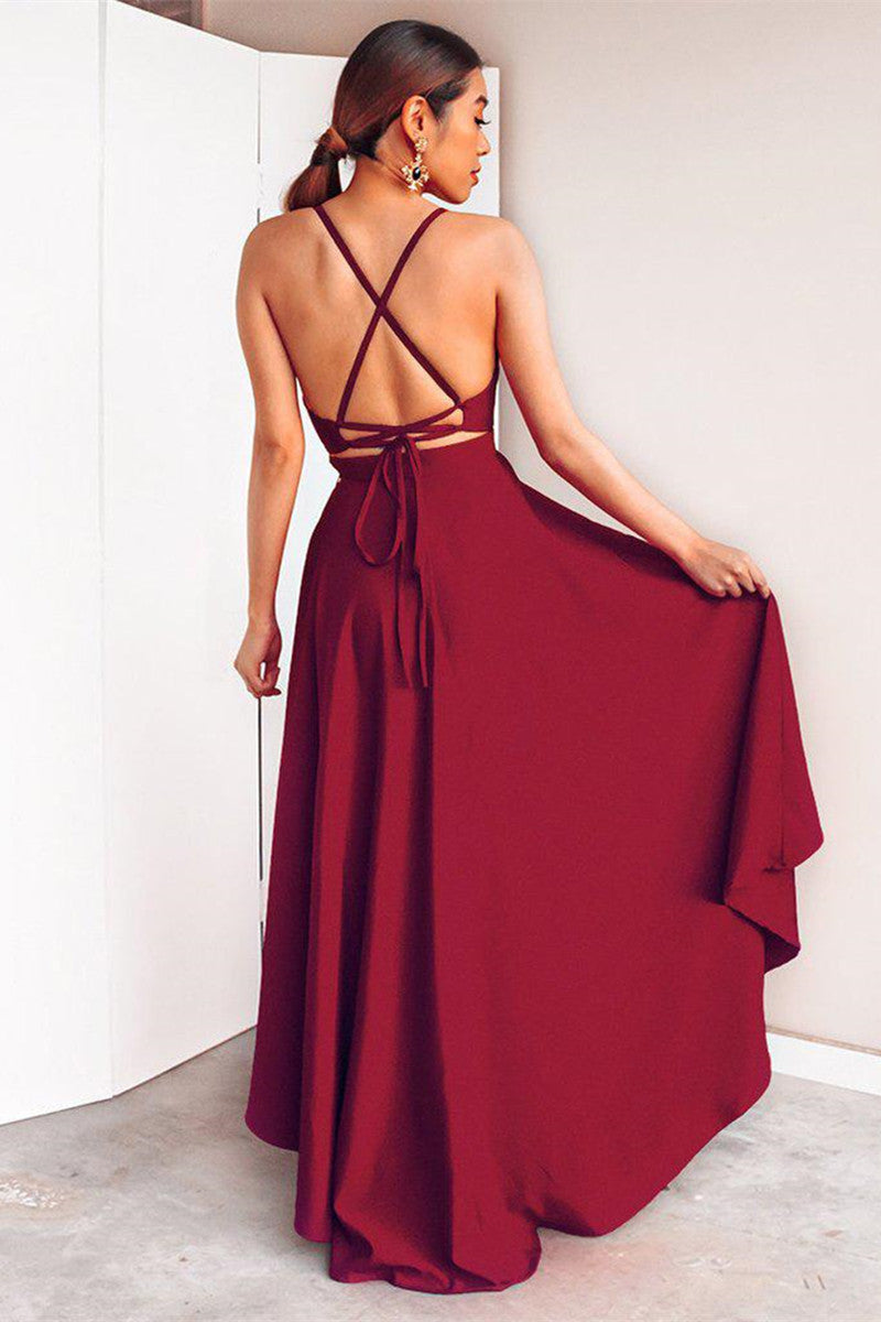 Unthony - A Line High Low V Neck Backless Burgundy Prom Dresses