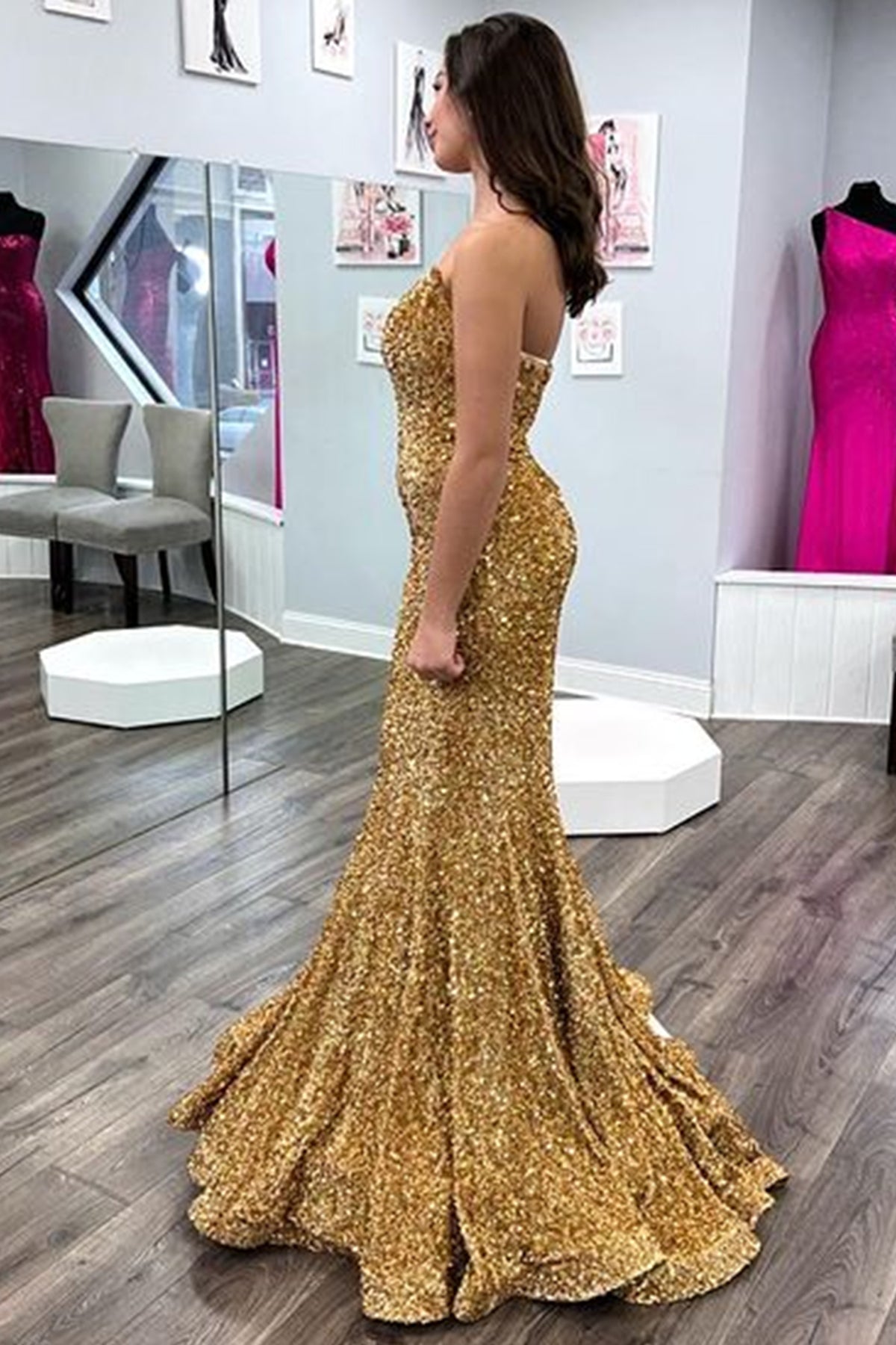 Unthony - Strapless Mermaid Golden Sequins Long Prom Dress