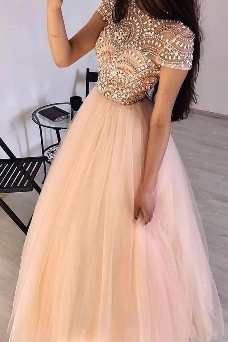 Unthony - Gorgeous Cap Sleeves Round Neck Pink Beaded Long Prom Dress