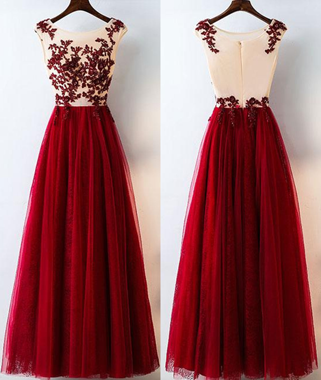 Unthony - A Line Round Neck Burgundy Lace Tulle Long Prom Dress