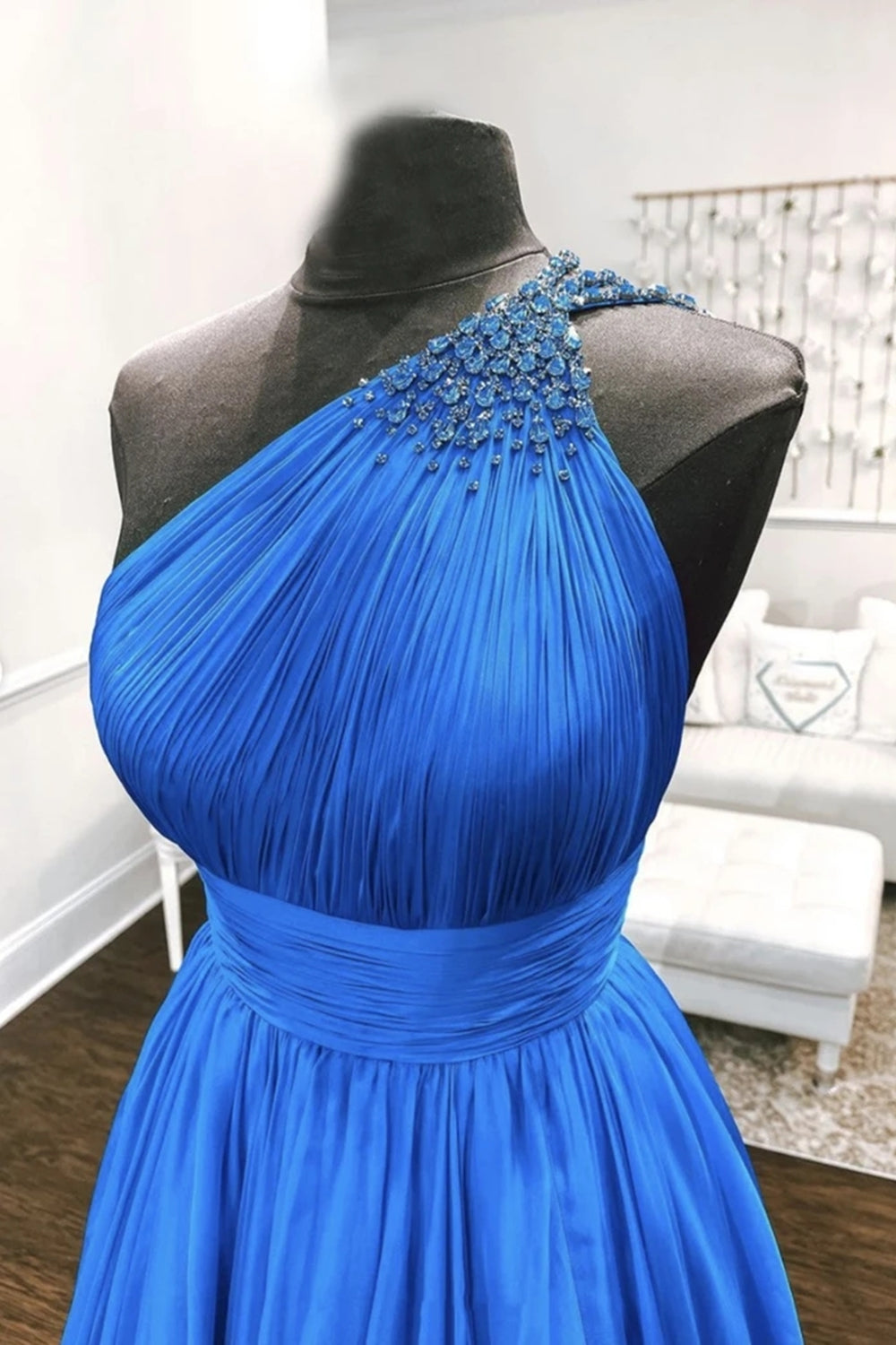 Unthony - One Shoulder Backless Blue Chiffon Long Prom Dress