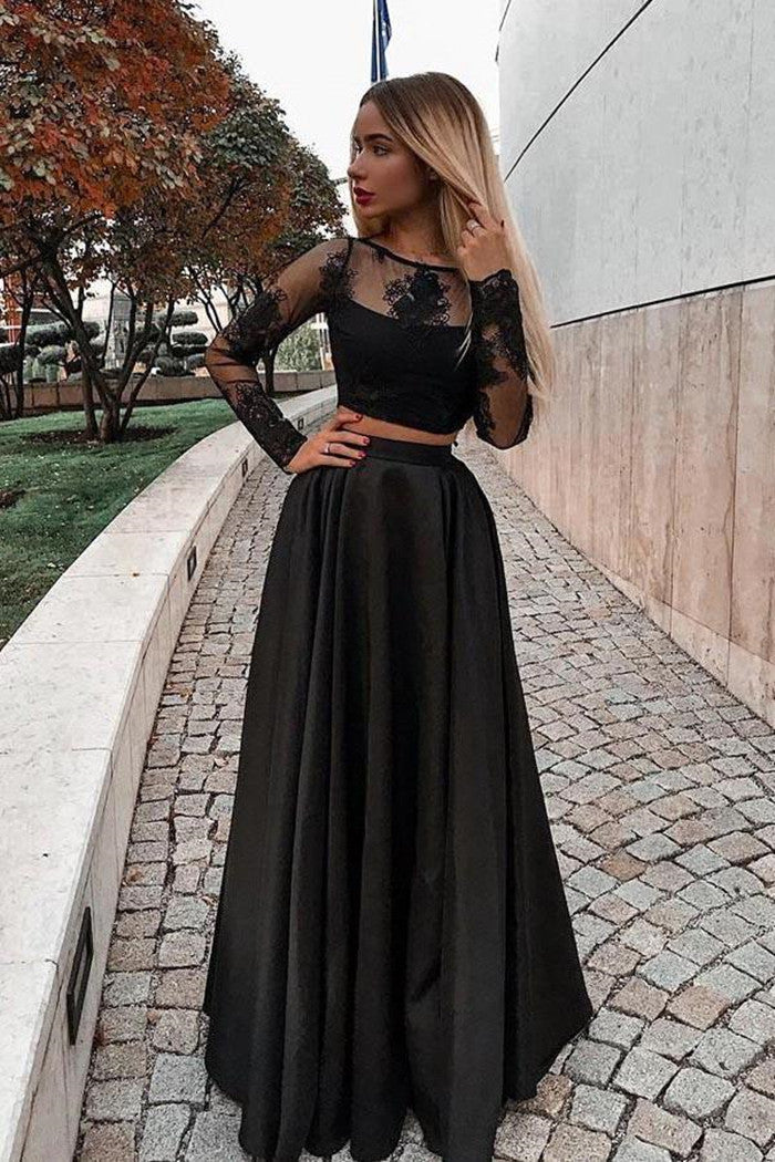 Unthony - Two Pieces Long Sleeves Lace Black Prom Dresses