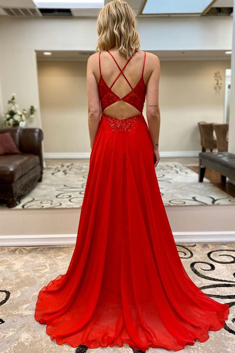 Unthony - A Line V Neck Beaded Red Lace Long Prom Dress