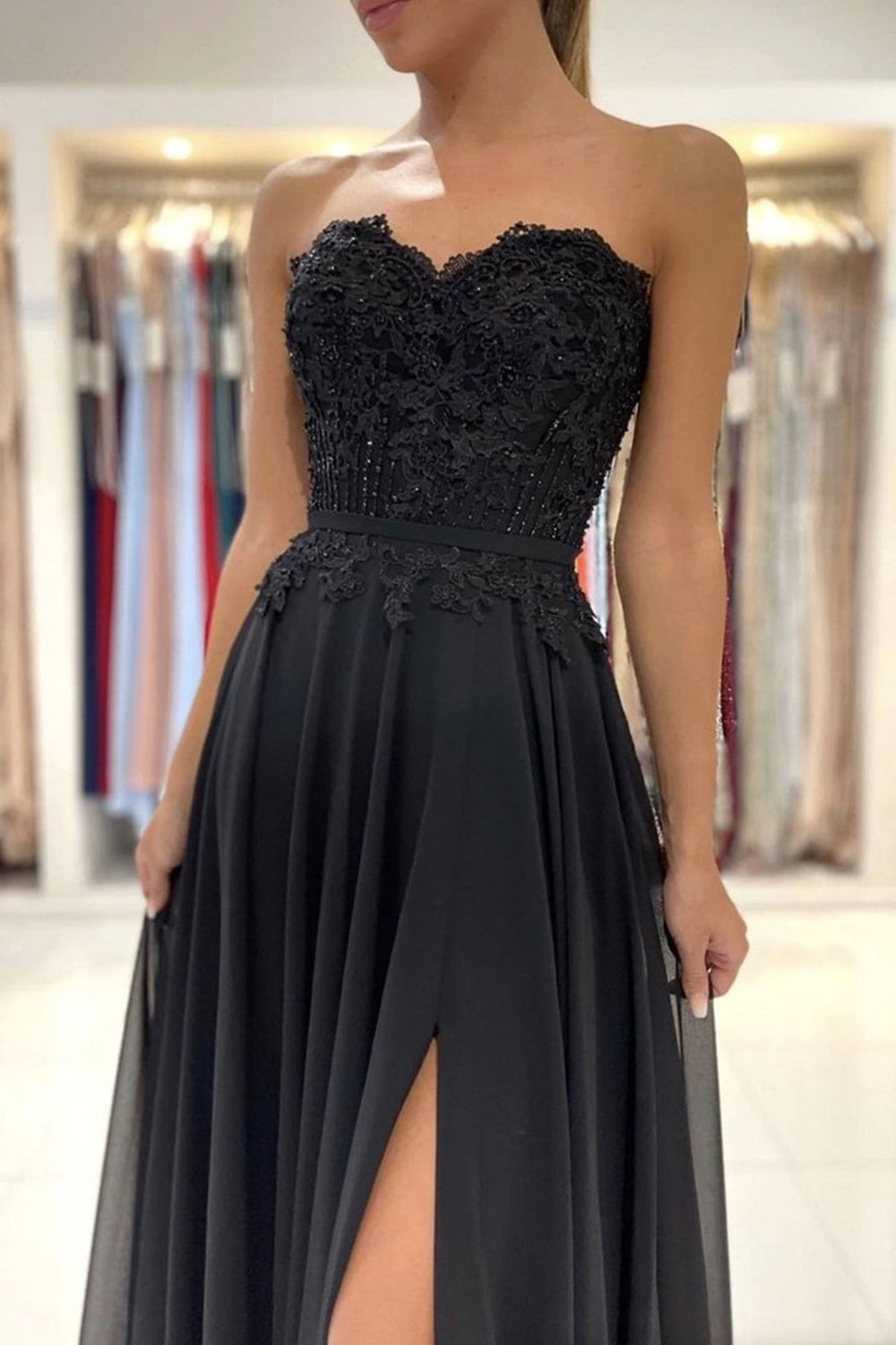 Unthony - Strapless Black Lace Long Prom Dress with High Slit