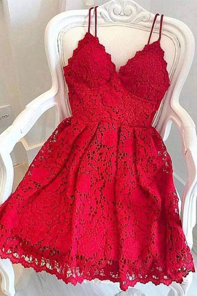 Unthony - Cute V Neck Short Red Lace Prom Dress with Straps