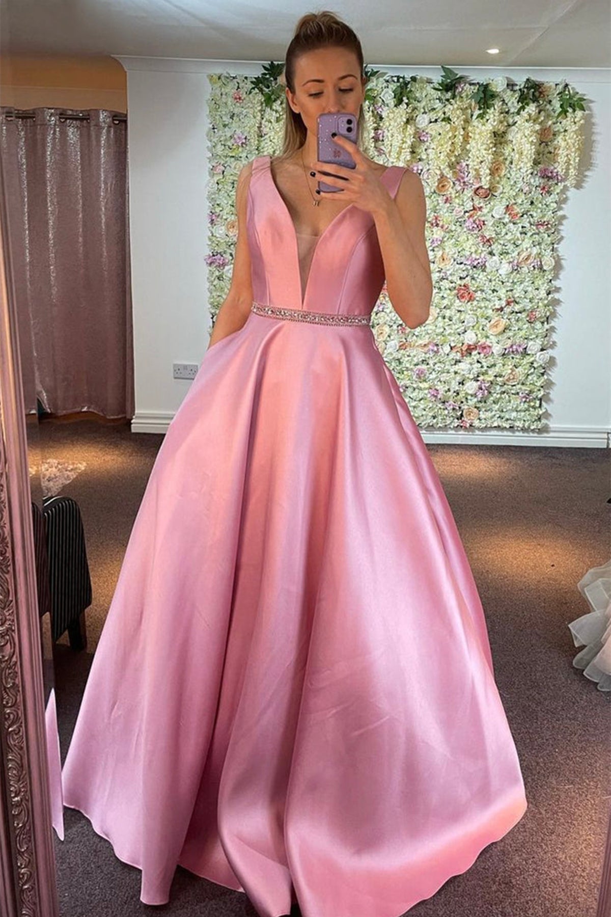 Unthony - A Line V Neck Pink Satin Long Prom Dress with Belt