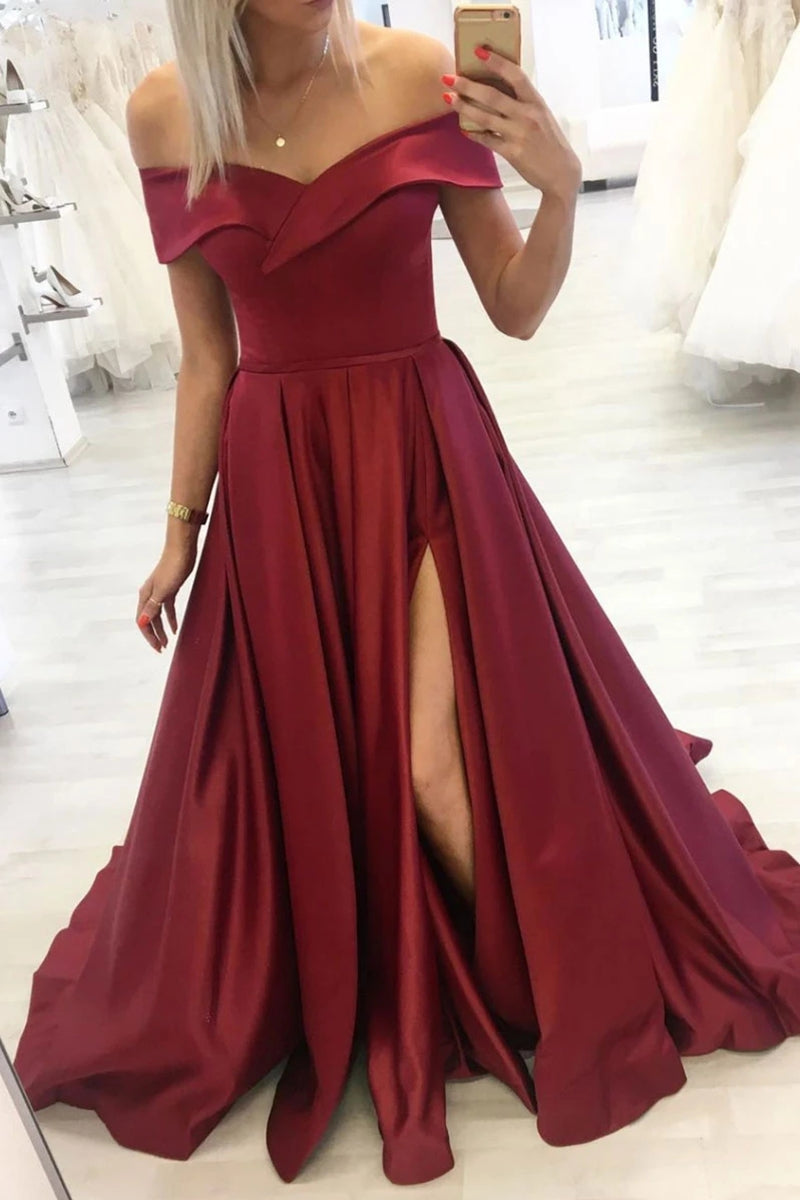 Unthony - Off Shoulder Burgundy Satin Long Prom Dress with Slit