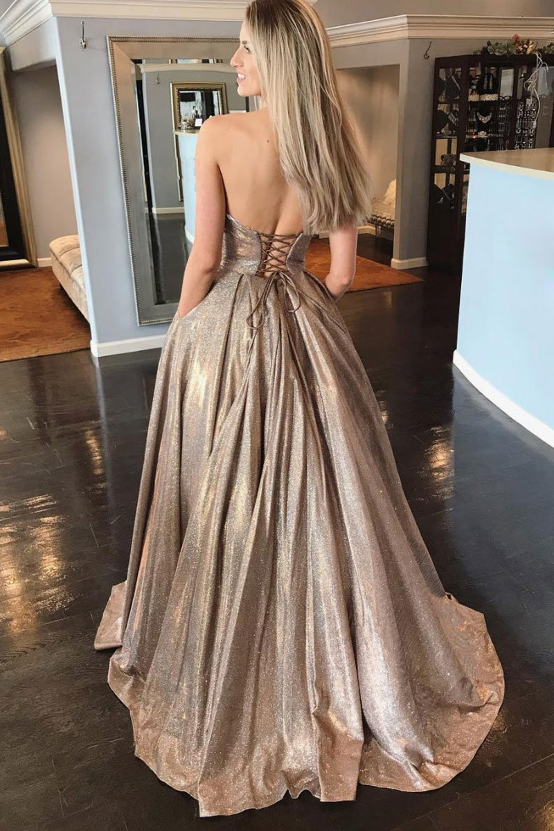 Unthony - Shiny Strapless Sweetheart Neck Champagne Long Prom Dress