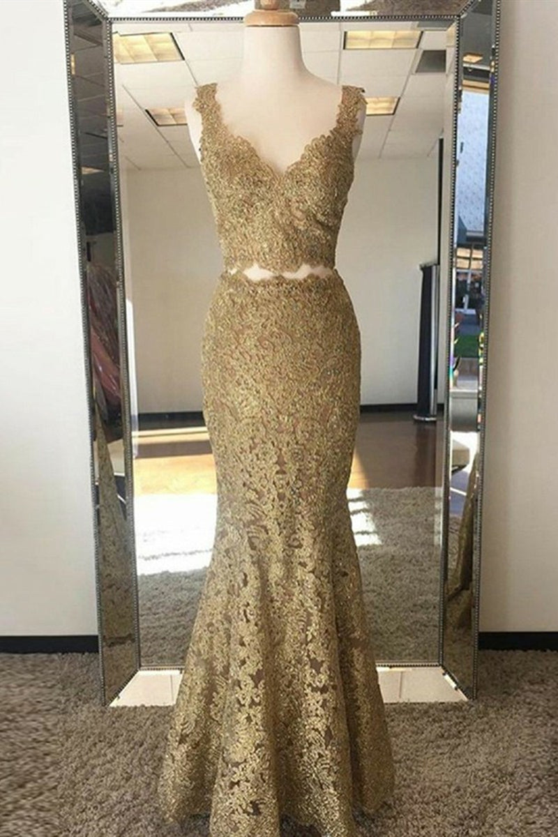Unthony - V Neck Two Pieces Mermaid Golden Lace Long Prom Dress