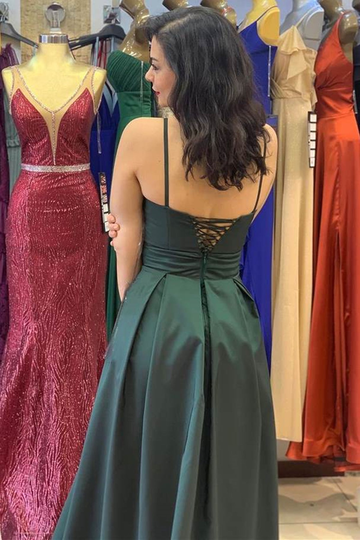 Unthony - Unique V Neck Open Back Dark Green Satin Long Prom Dress