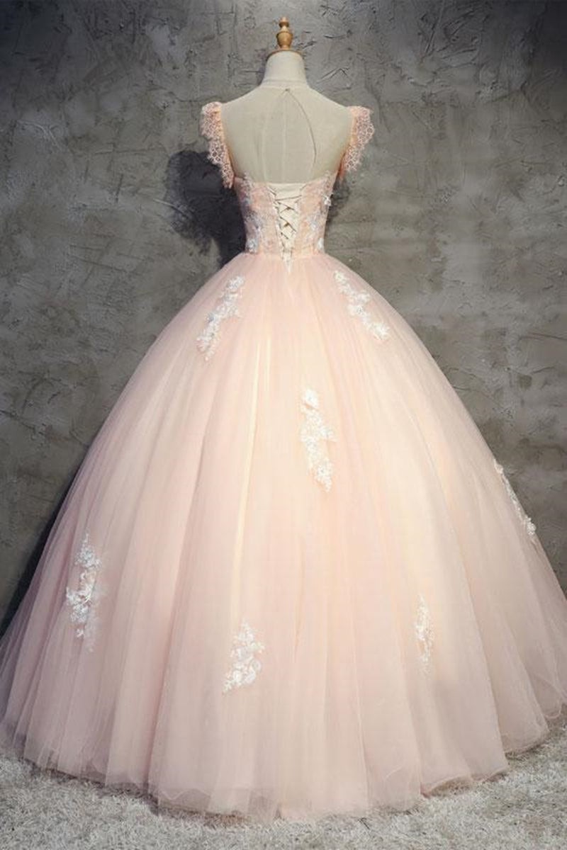 Unthony - Round Neck Cap Sleeves Lace Pink Long Prom Dress