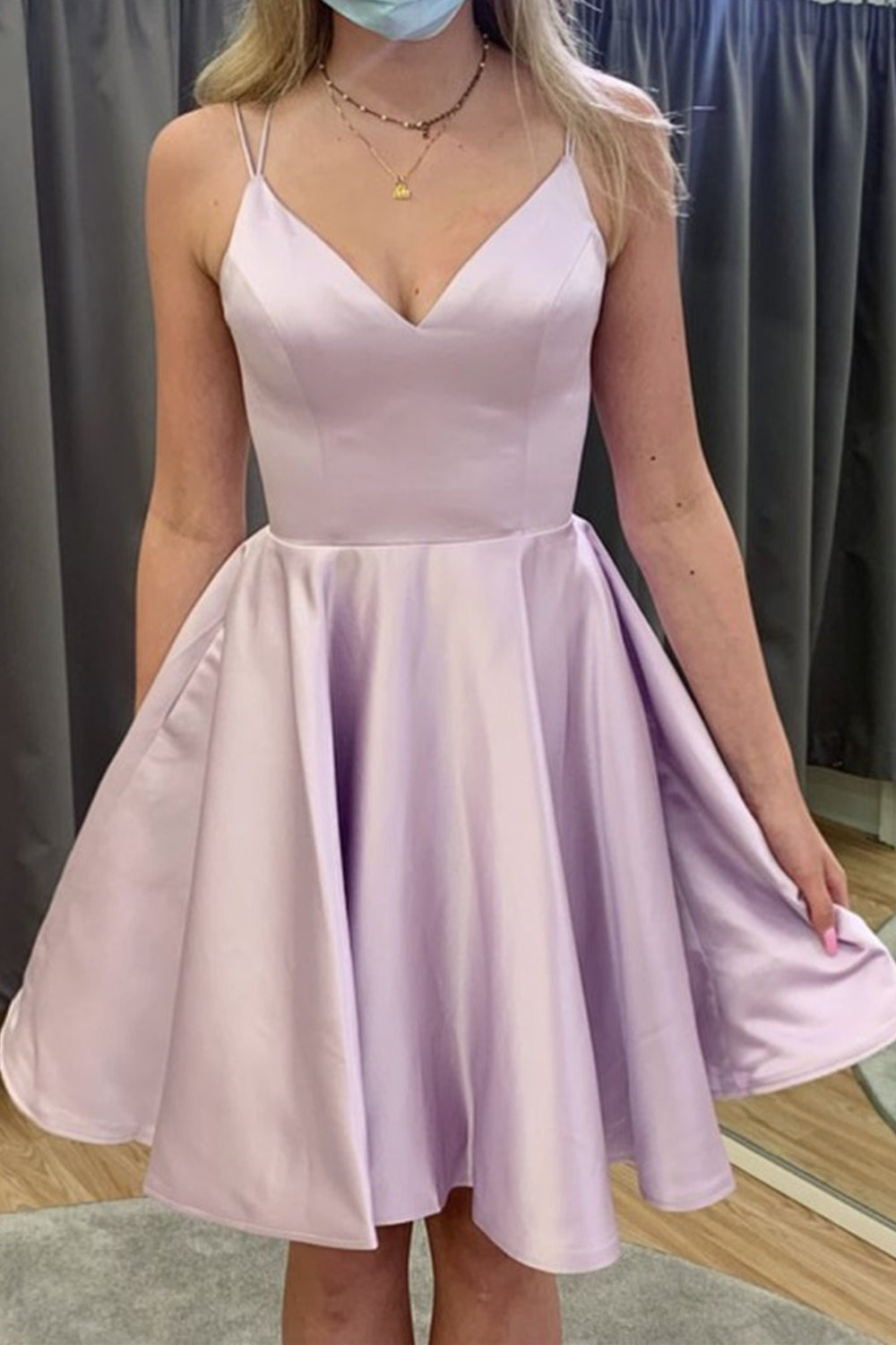 Unthony - A Line V Neck Pink Satin Short Prom Dress with Pocket