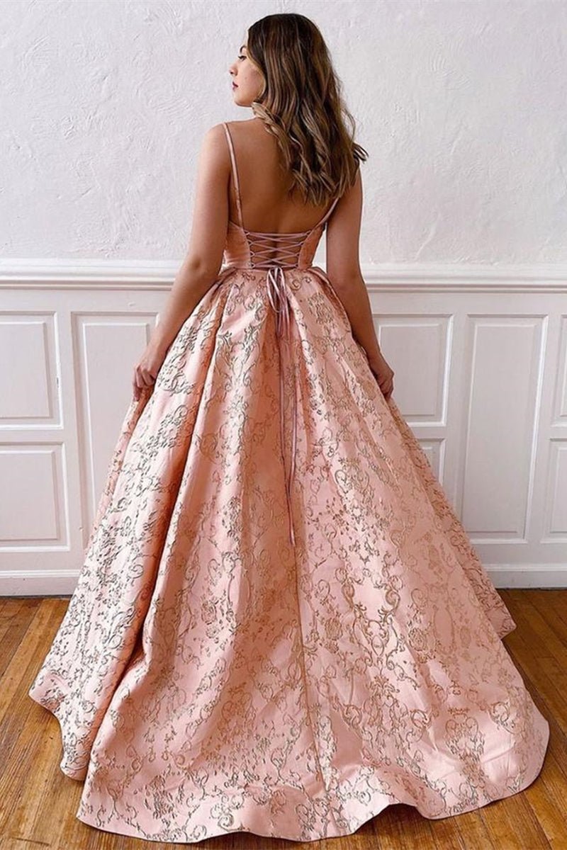 Unthony - A Line V Neck Backless Pink Lace Prom Dress