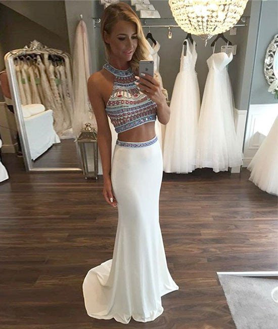 Unthony - A Line Two Pieces Chiffon White Prom Dresses