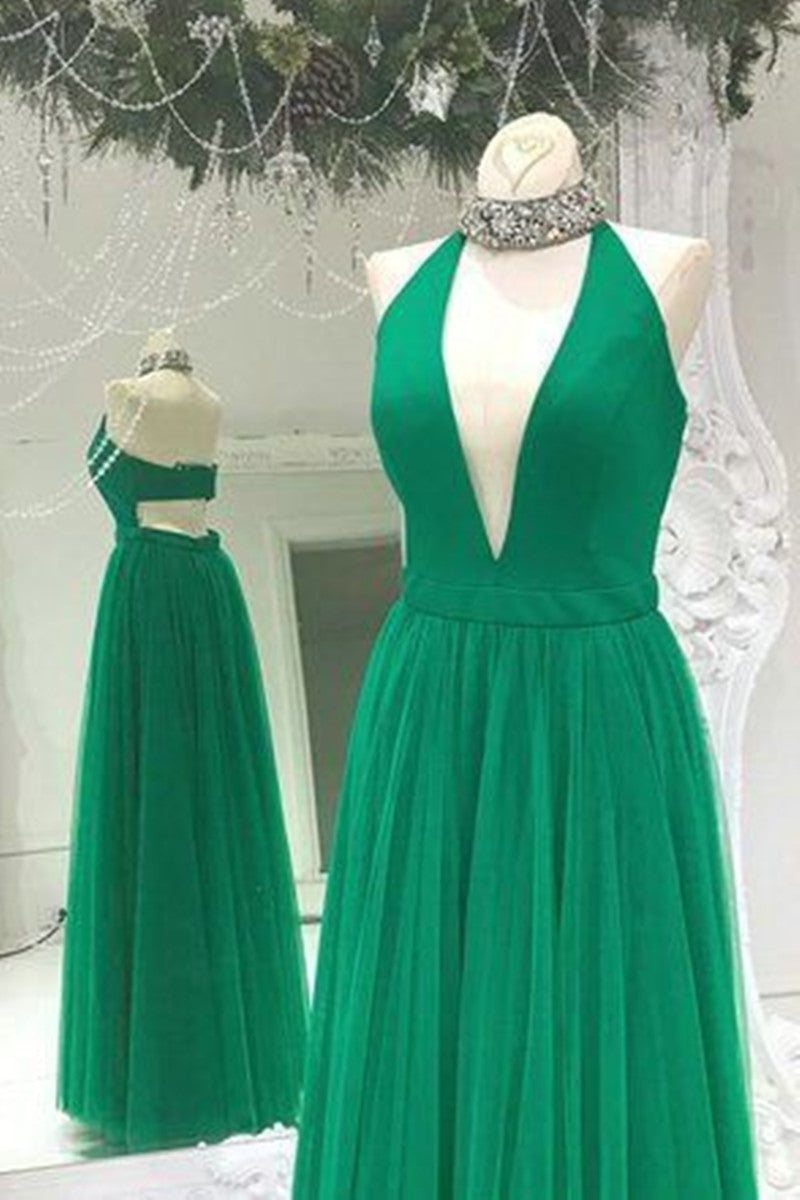 Unthony - A Line Deep V Neck Green Tulle Long Prom Dresses