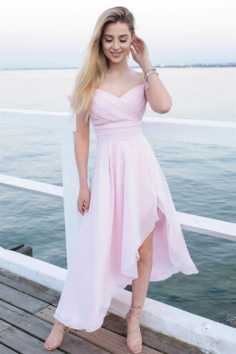 Unthony - Off Shoulder High Low Pink Chiffon Prom Dress