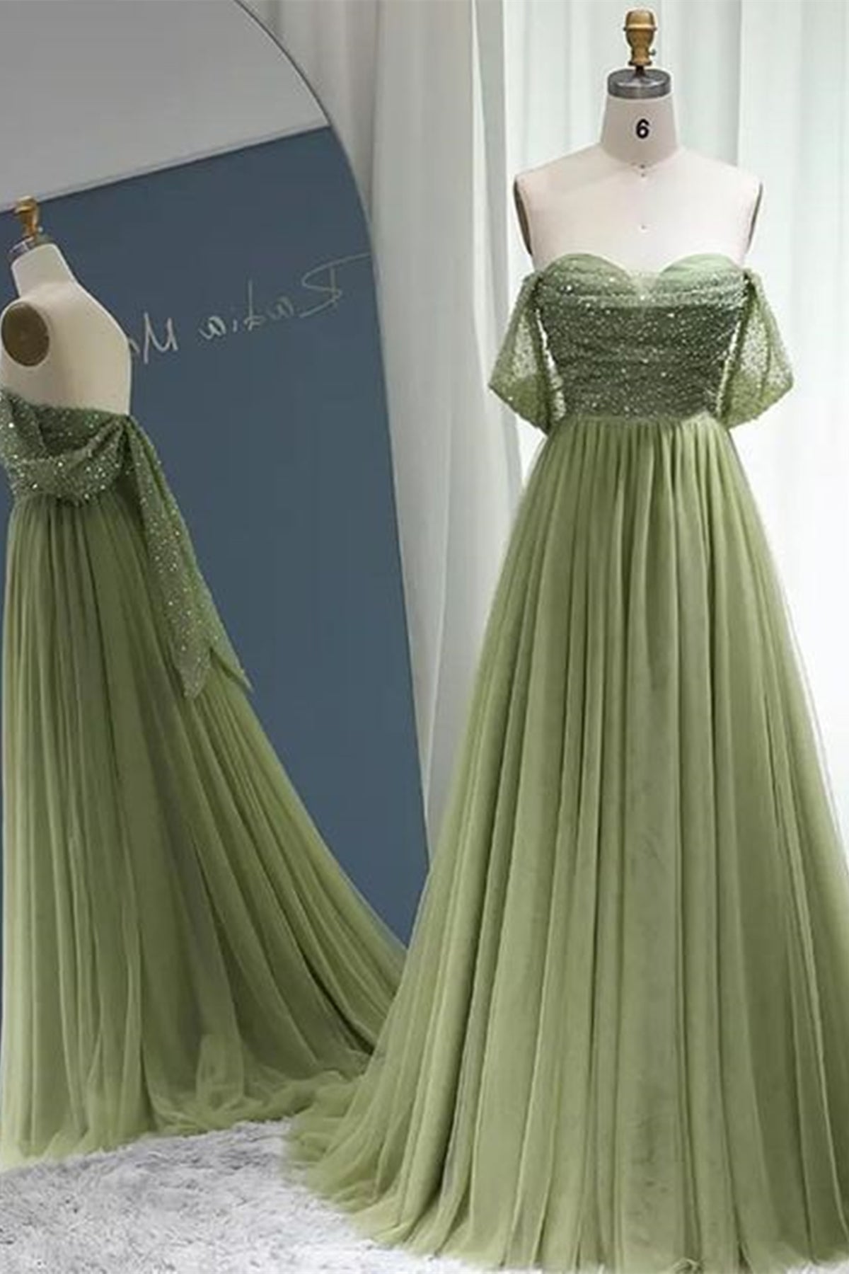 Unthony - Off the Shoulder Beaded Green Tulle Long Prom Dress