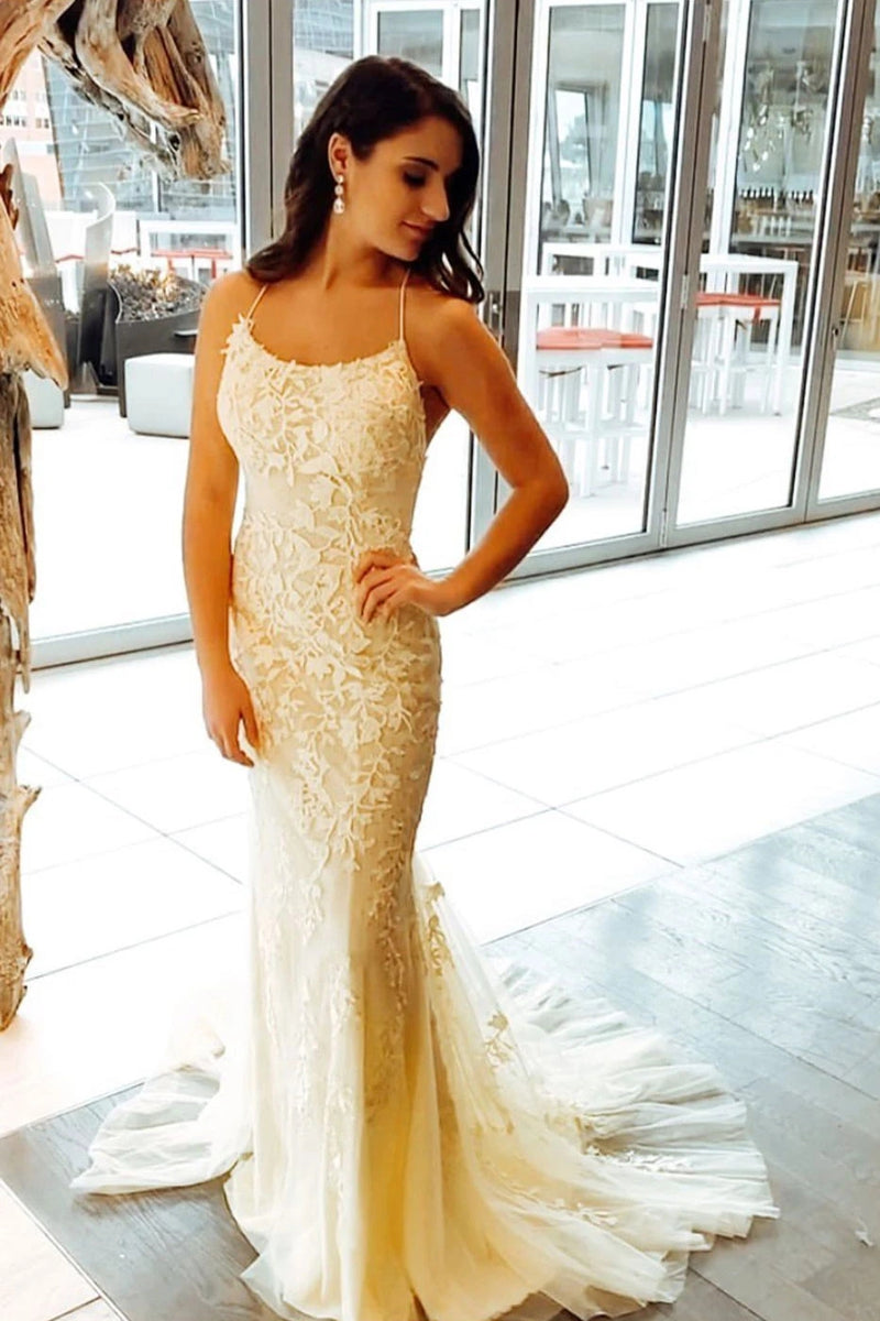 Unthony - Mermaid Yellow Lace Long Prom Dress with Train