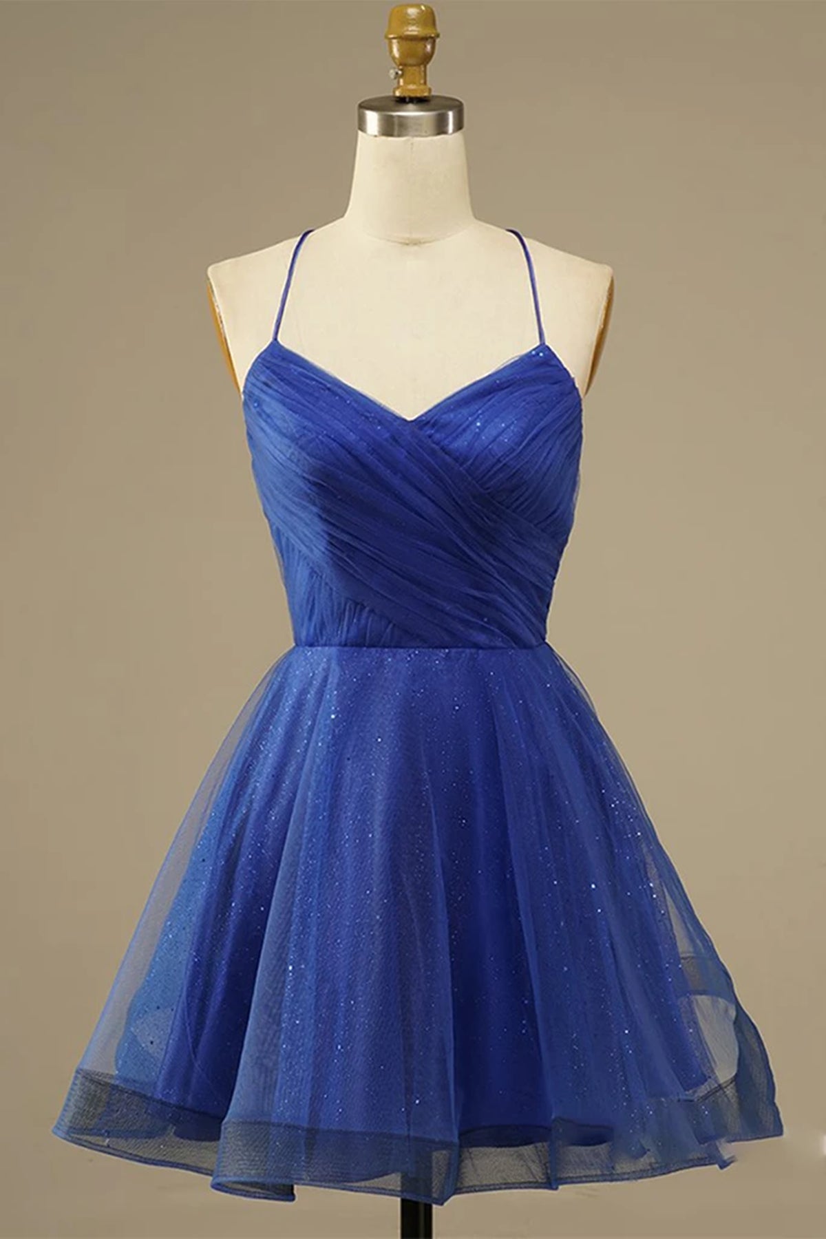 Unthony - A Line V Neck Backless Blue Tulle Prom Dress