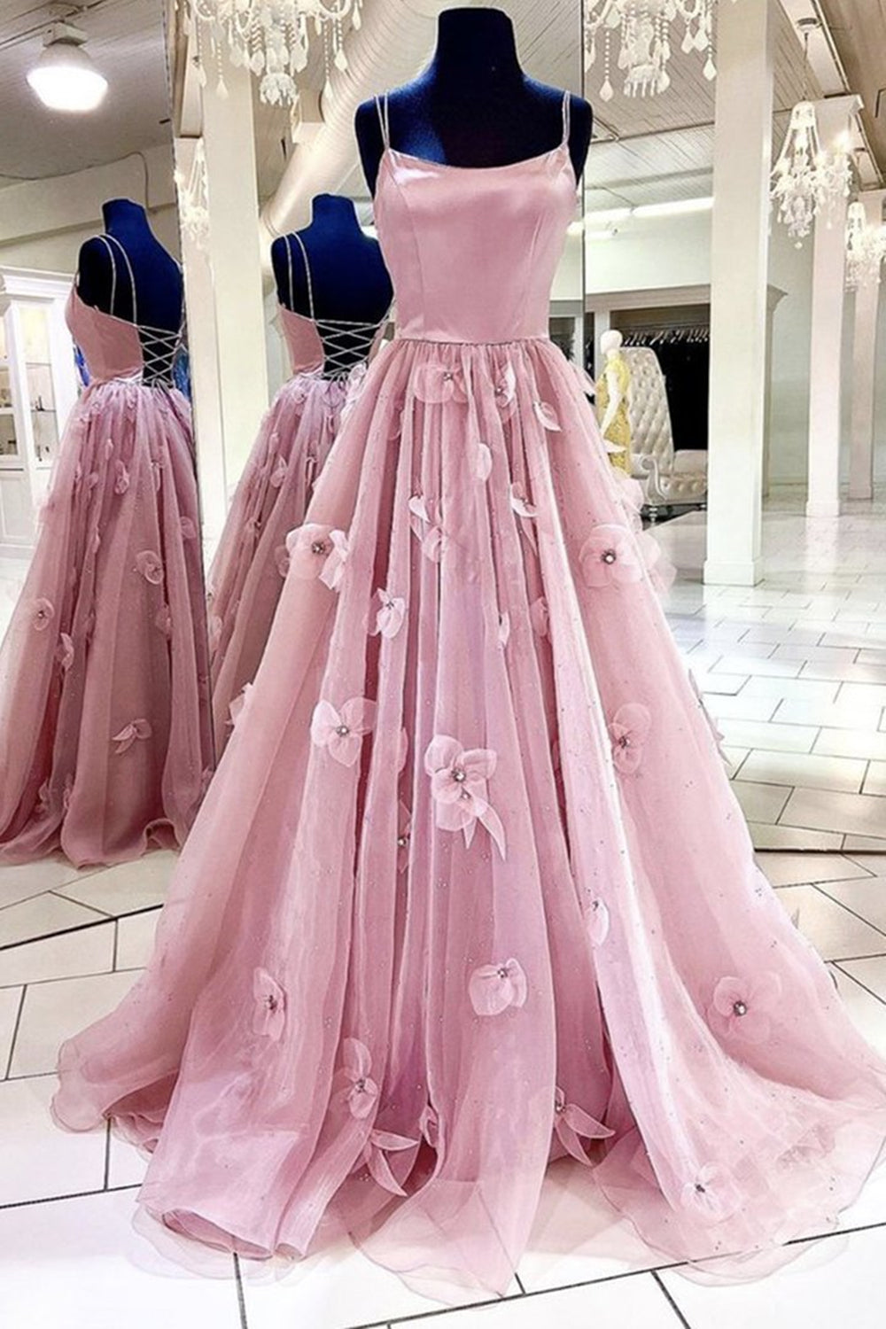 Unthony - A Line Backless Pink Floral Long Prom Dress