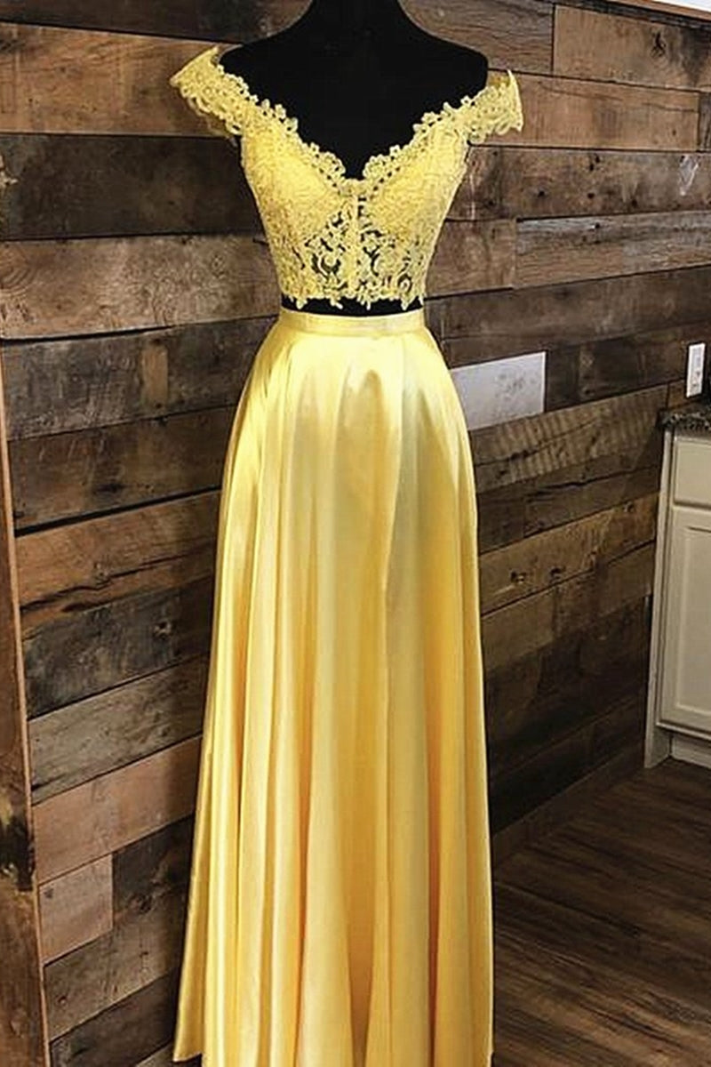 Unthony - Off Shoulder Two Pieces Lace Yellow Long Prom Dress