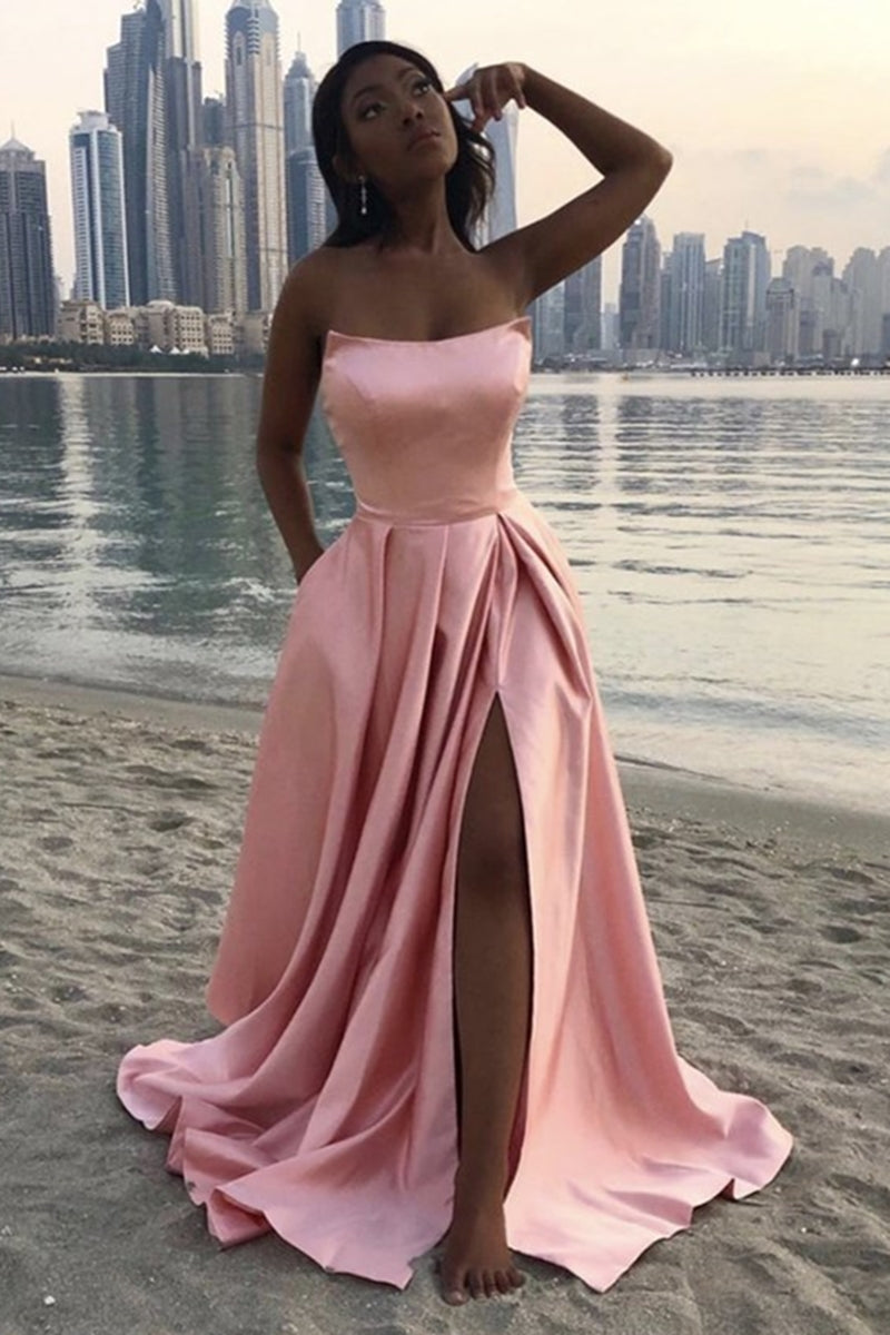 Unthony - Strapless Pink Satin Long Prom Dress with High Slit