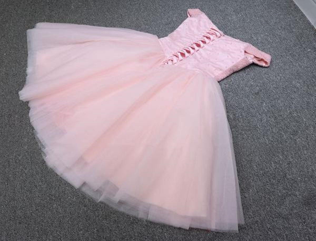 Unthony - Shiny Beadings Off the Shoulder Pink Short Homecoming Prom Dress