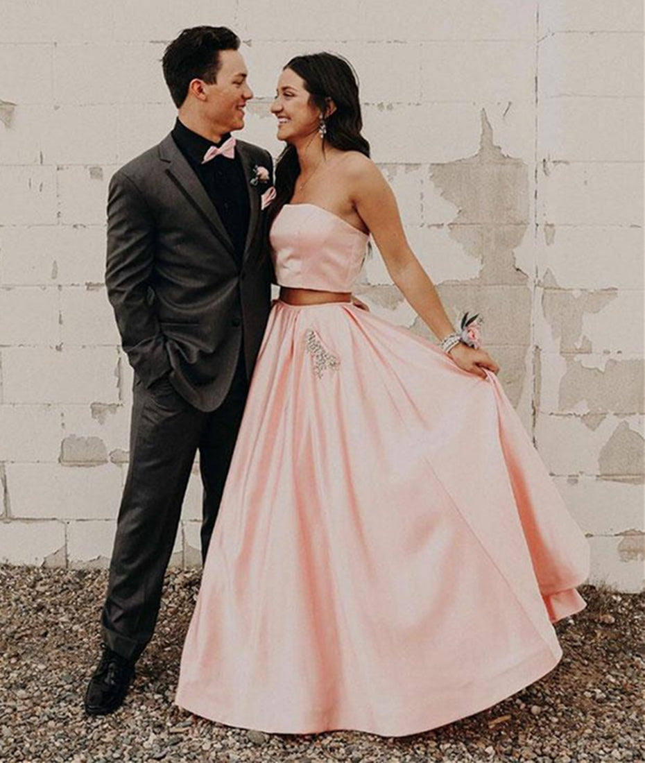 Unthony - Simple 2 Pieces Pink Satin Long Prom Dresses with Pockets
