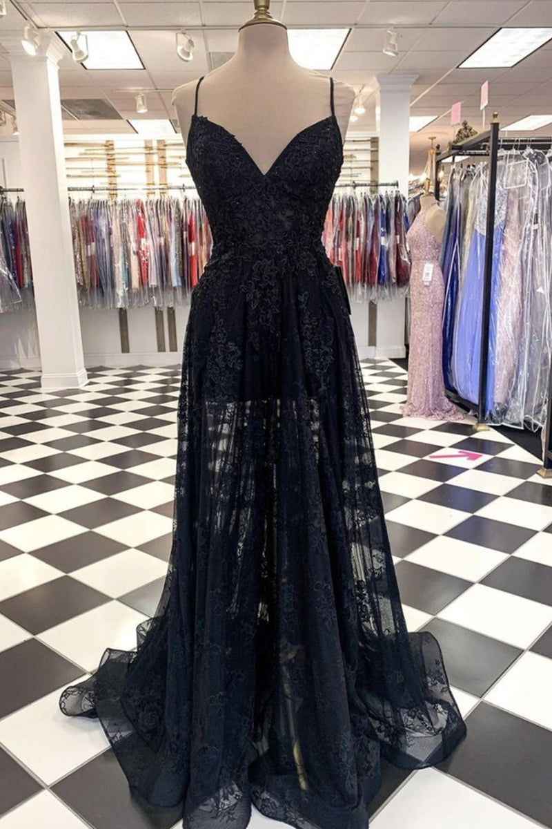 Unthony - A Line V Neck Long Black Lace Prom Dress
