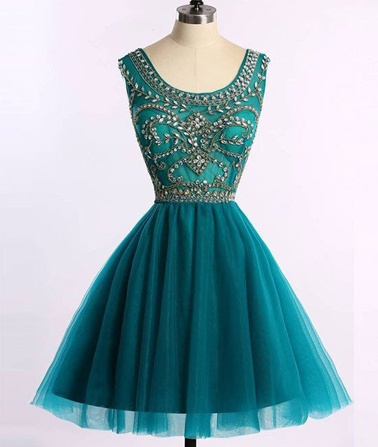 Unthony - A-Line Round-Neck Short Green Prom Dresses