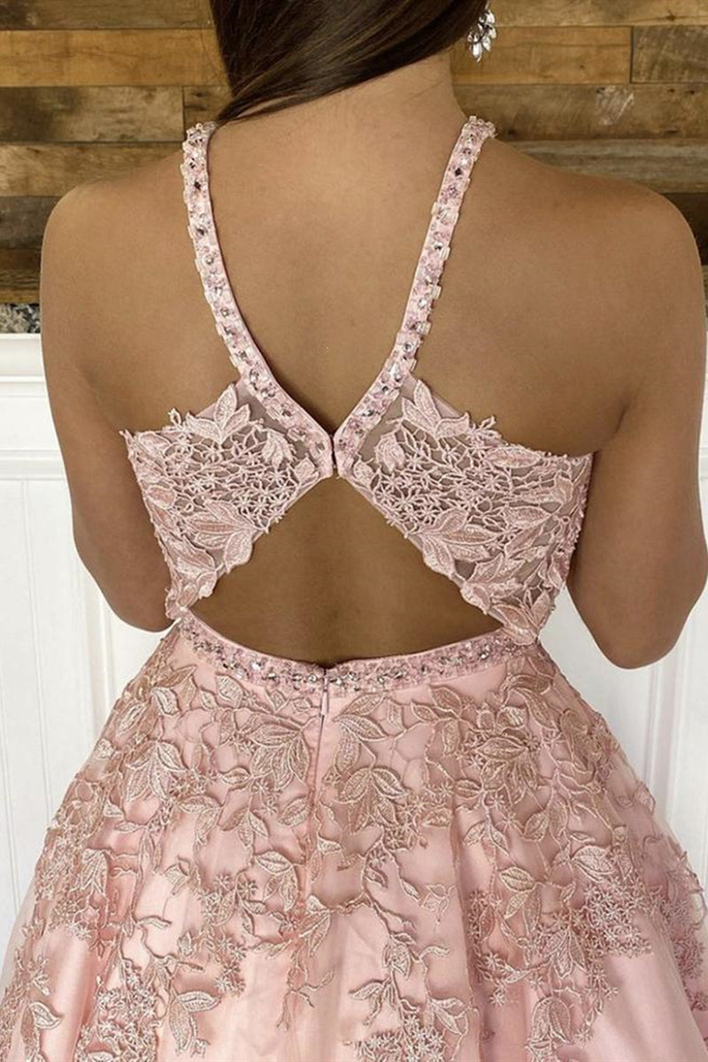 Unthony - V Neck Open Back Pink Lace Long Prom Dress