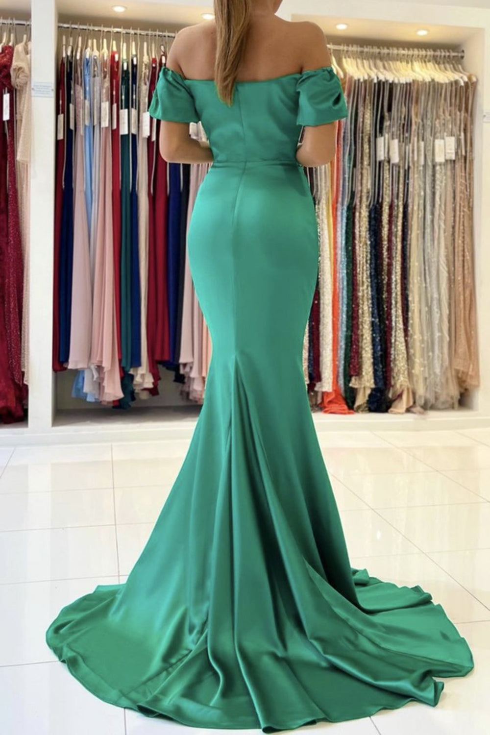 Unthony - Off Shoulder Mermaid Green Satin Long Prom Dress