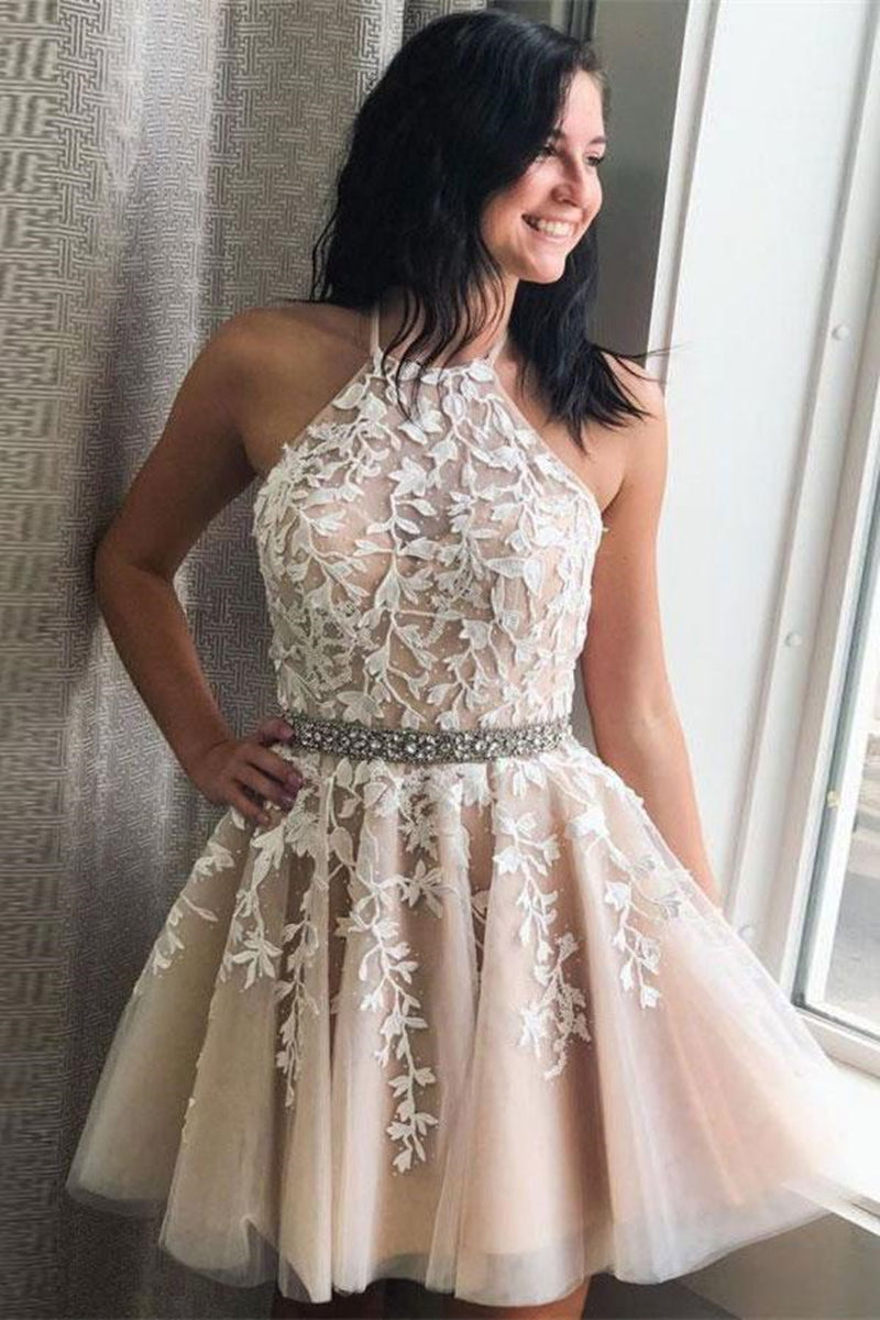 Unthony - A Line Halter Neck Short Champagne Lace Prom Dress with Belt