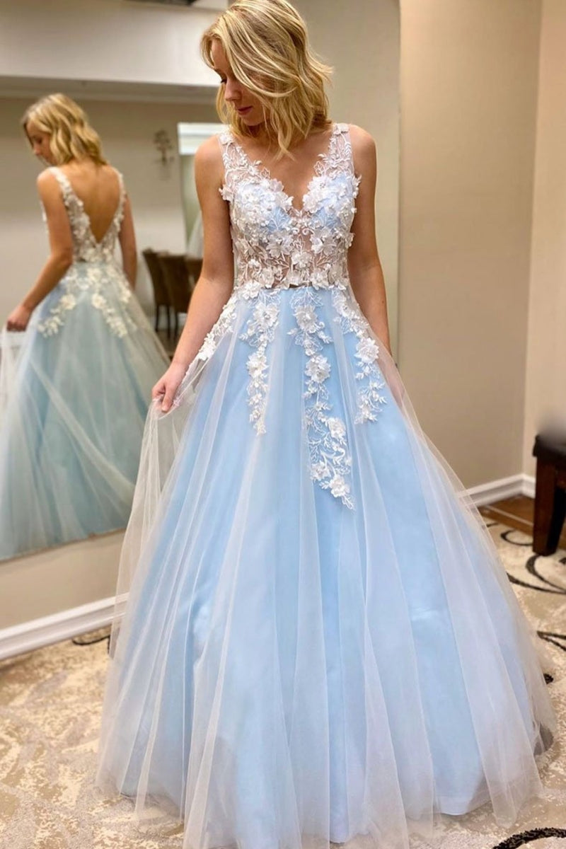 Unthony - Elegant V Neck Open Back White Lace Appliques Blue Long Prom Dress