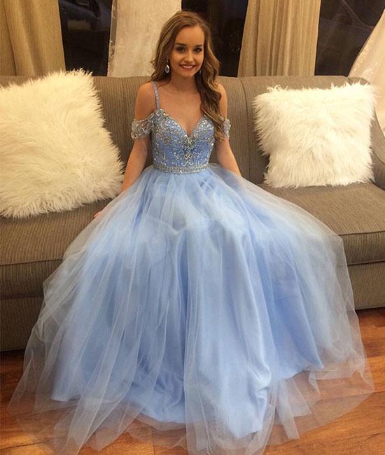 Unthony - Off Shoulder Blue Tulle Long Prom Dress