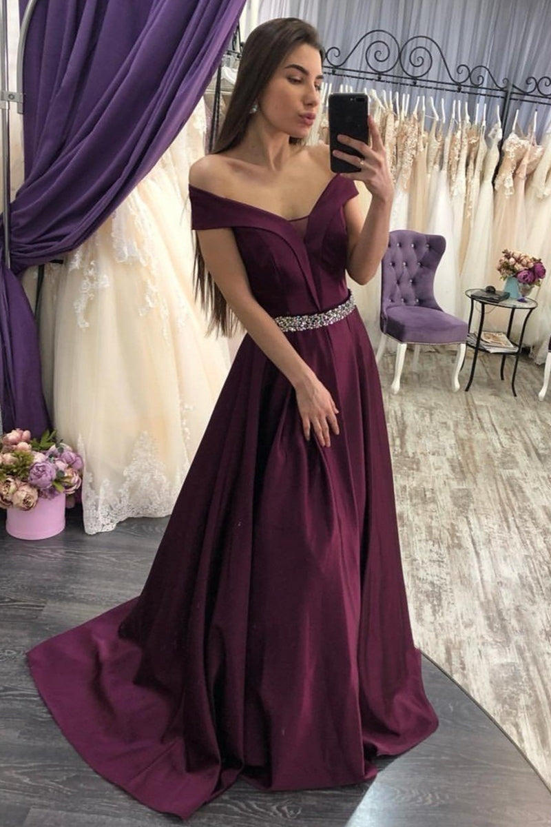 Unthony - Off Shoulder Grape Purple Long Prom Dress with Beaded Belt