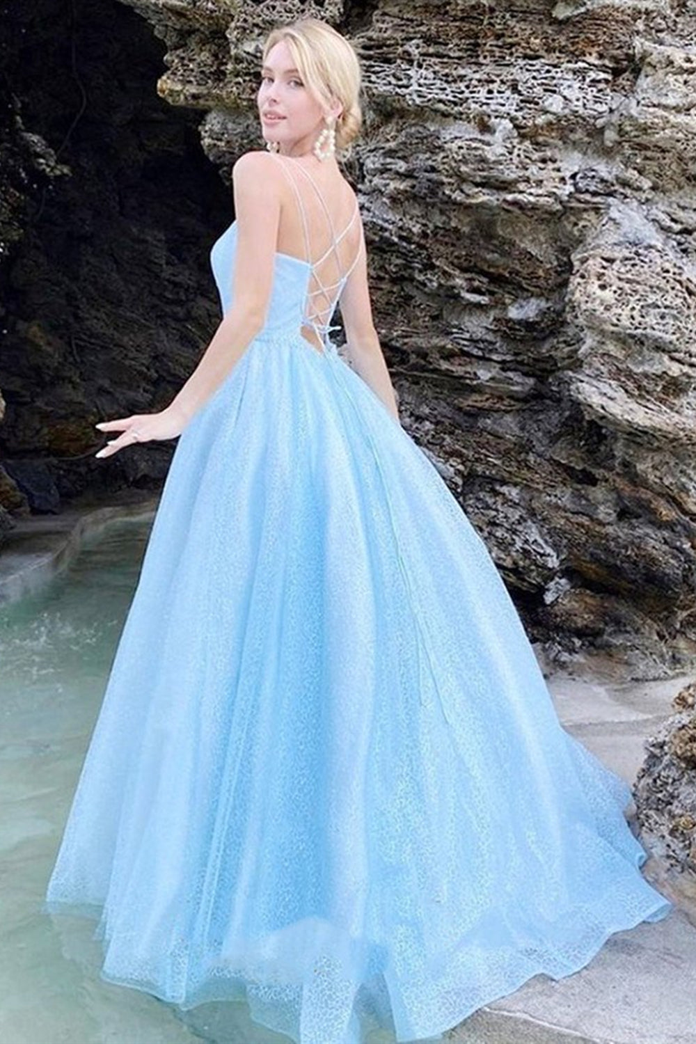 Unthony - Shiny Sequins Open Back Light Blue Long Prom Dress