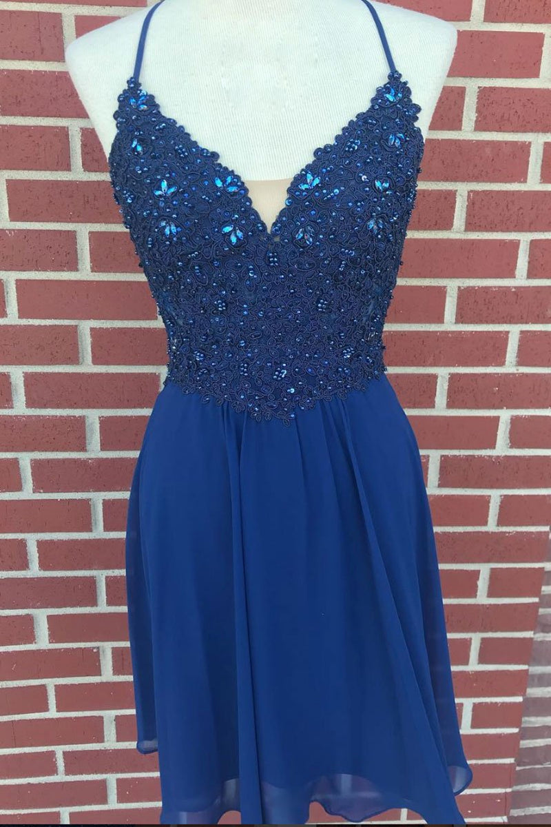 Unthony - V Neck Lace Beaded Blue Homecoming Dresses Short Prom Dresses