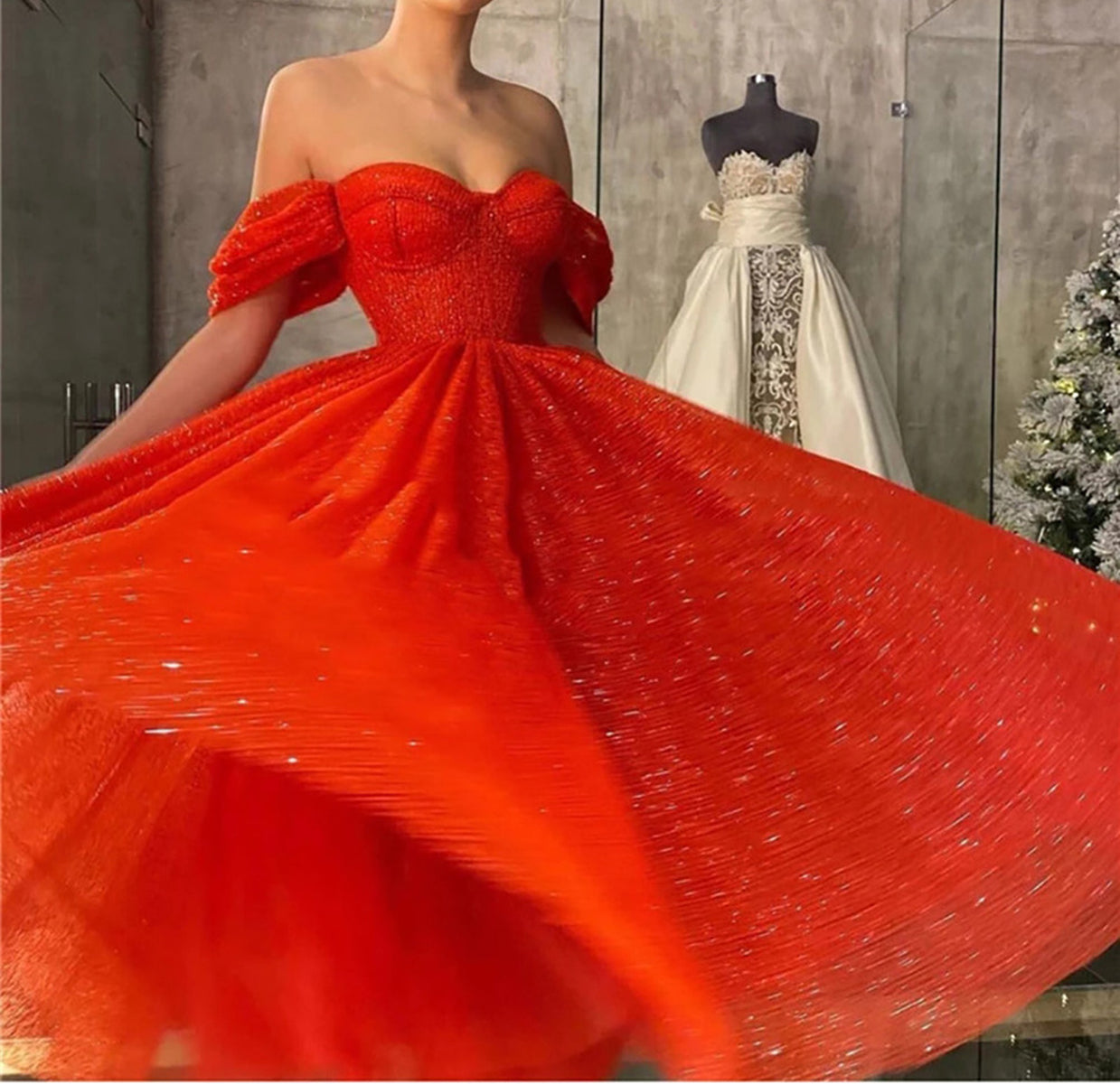 Unthony - Shiny Red Tulle Off the Shoulder Tea Length Prom Dress