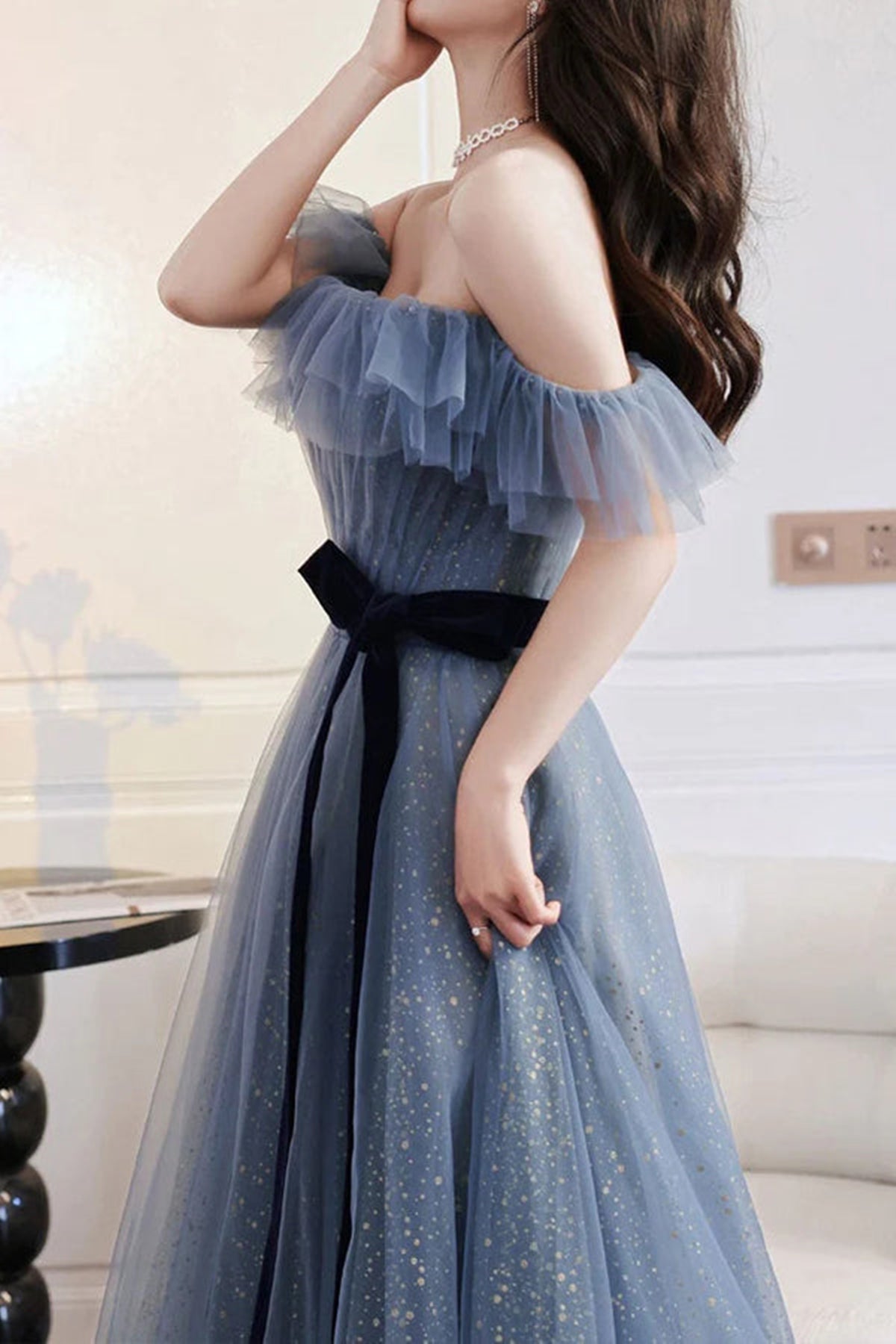 Unthony - Elegant Off Shoulder Gray Blue Long Prom Dresses