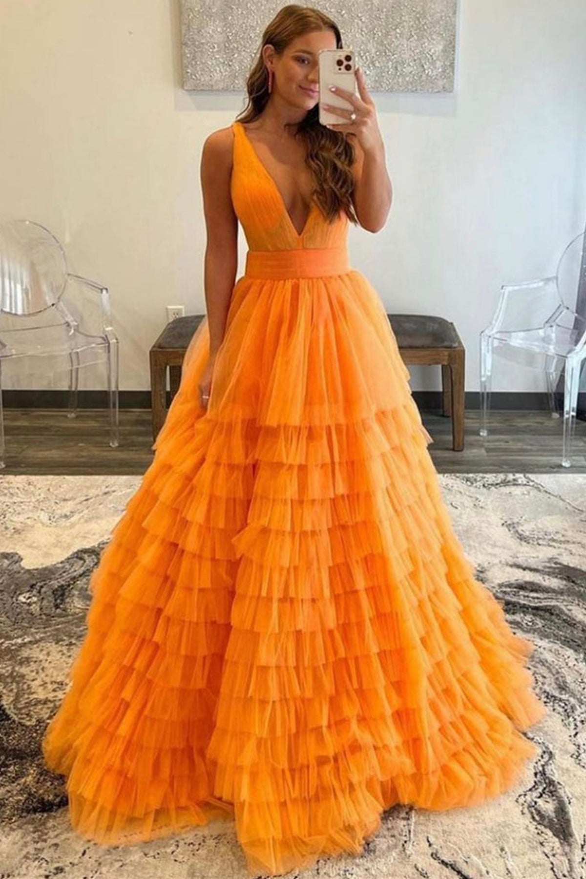 Unthony - V Neck Open Back Layered Orange Tulle Long Prom Dress