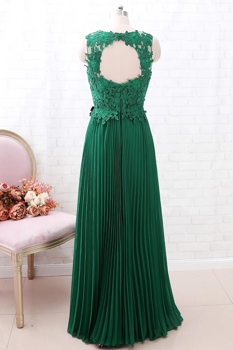 Unthony - A Line Round Neck Green Lace Long Prom Dress Bridesmaid Dress