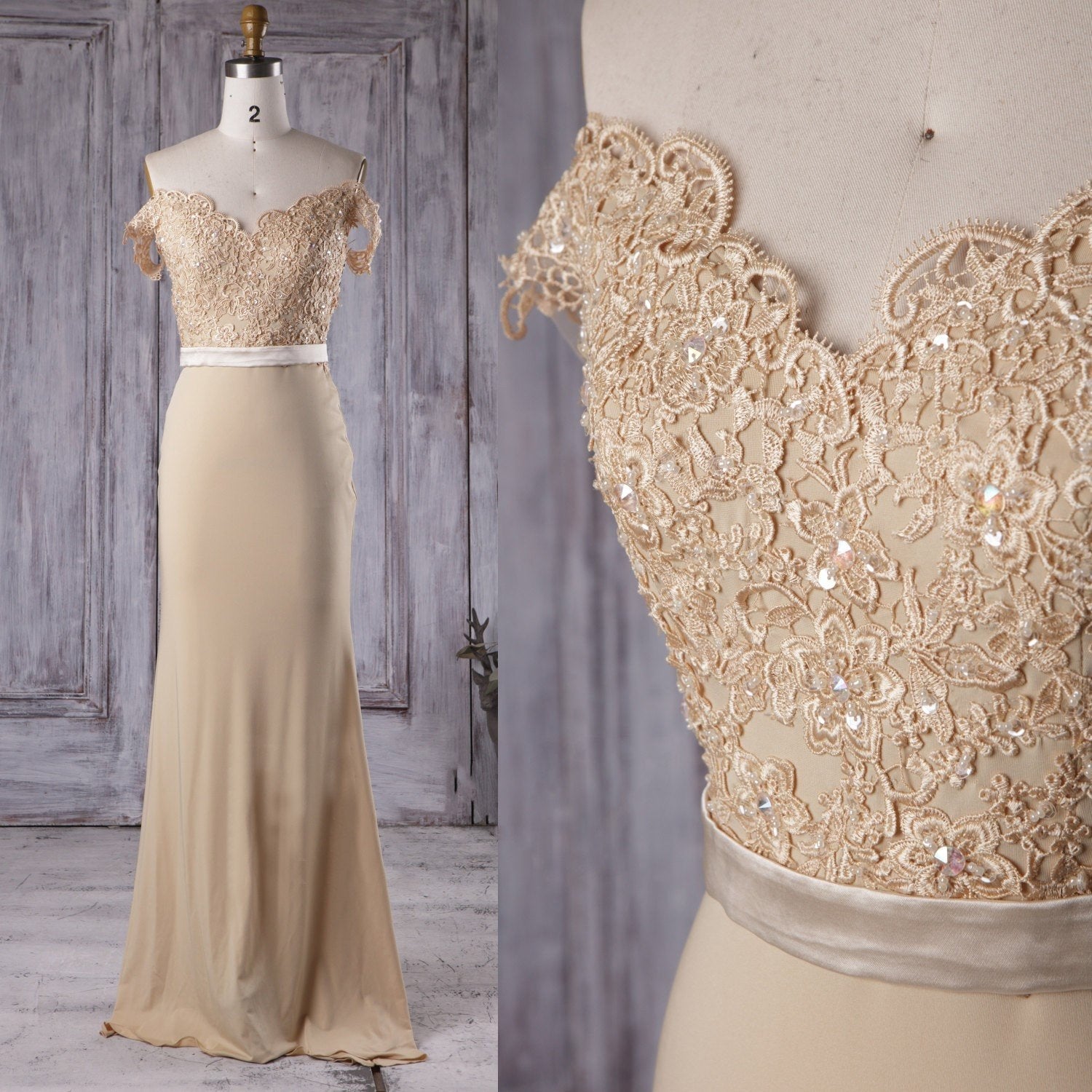 Unthony - Off the Shoulder Mermaid Champagne Lace Long Prom Dress