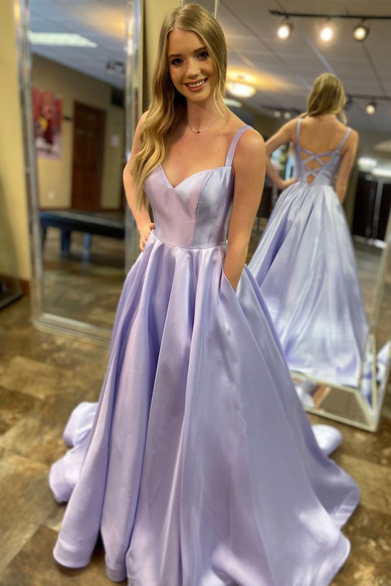 Unthony - Elegant A-Line Spaghetti Straps Lavender Satin Long Prom Dress with Pockets