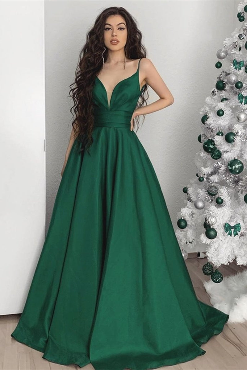 Unthony - Elegant V Neck Emerald Green Satin Long Prom Dress