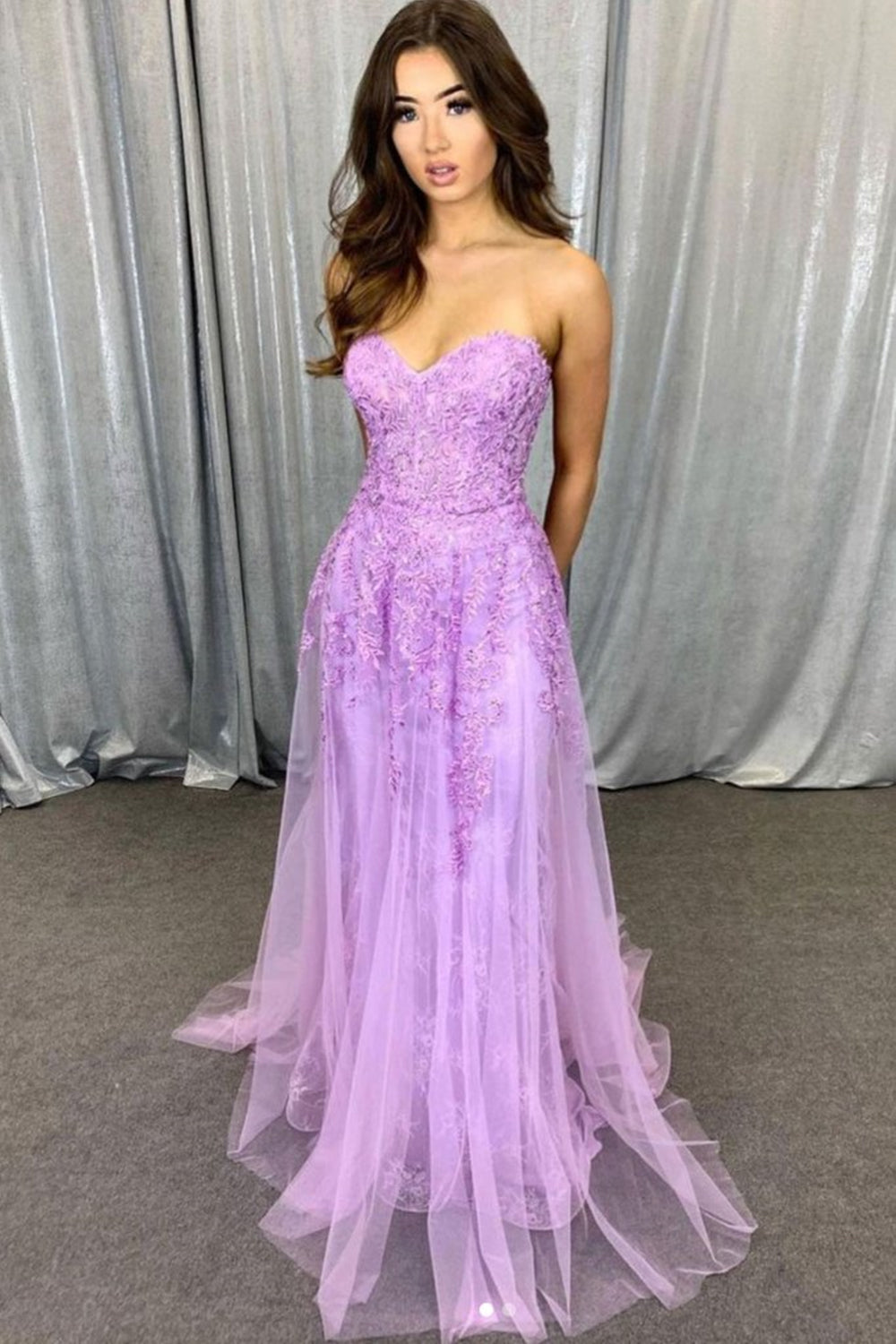 Unthony - Sweetheart Neck Strapless Purple Lace Long Prom Dress