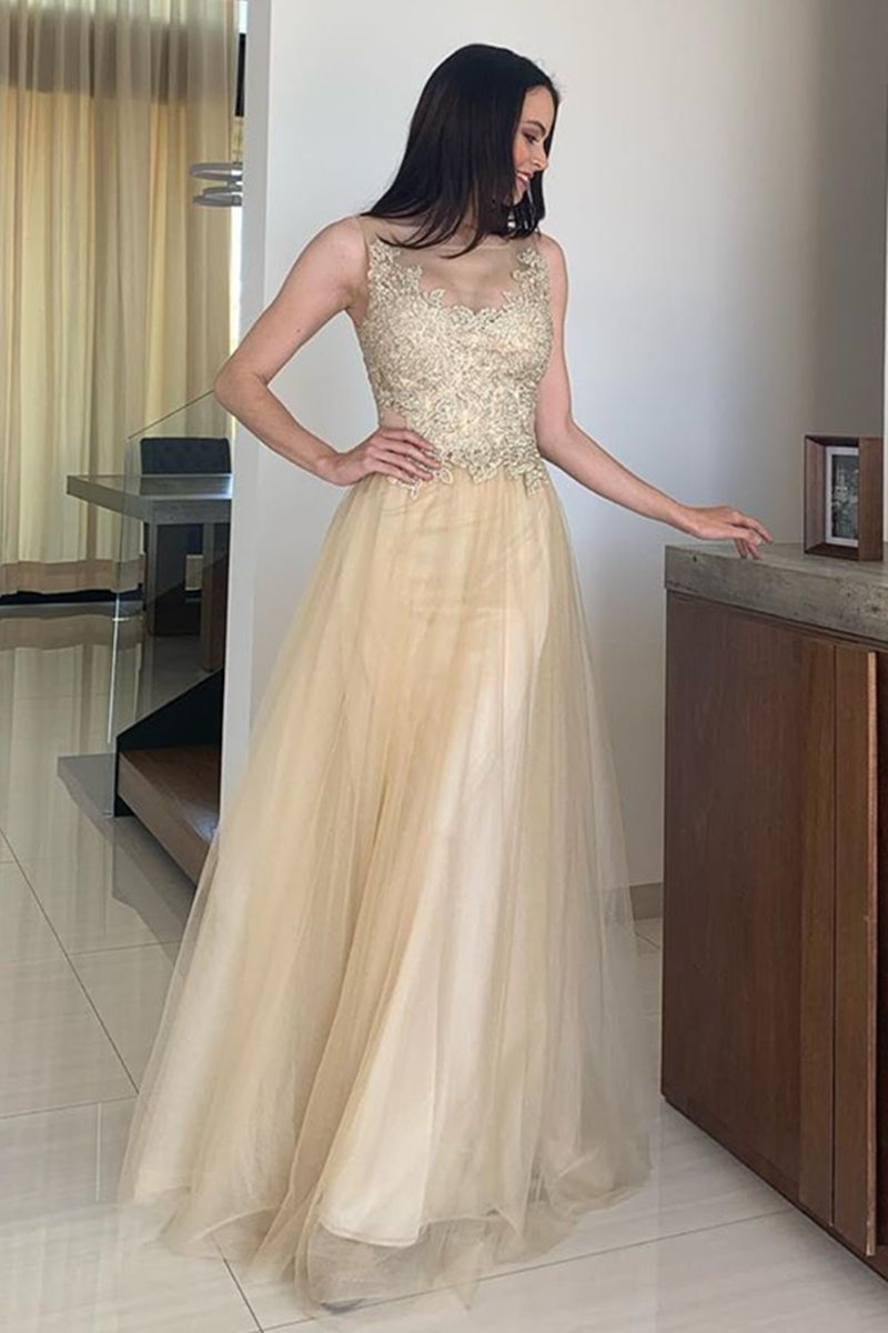 Unthony - A Line Round Neck Open Back Champagne Lace Long Prom Dress