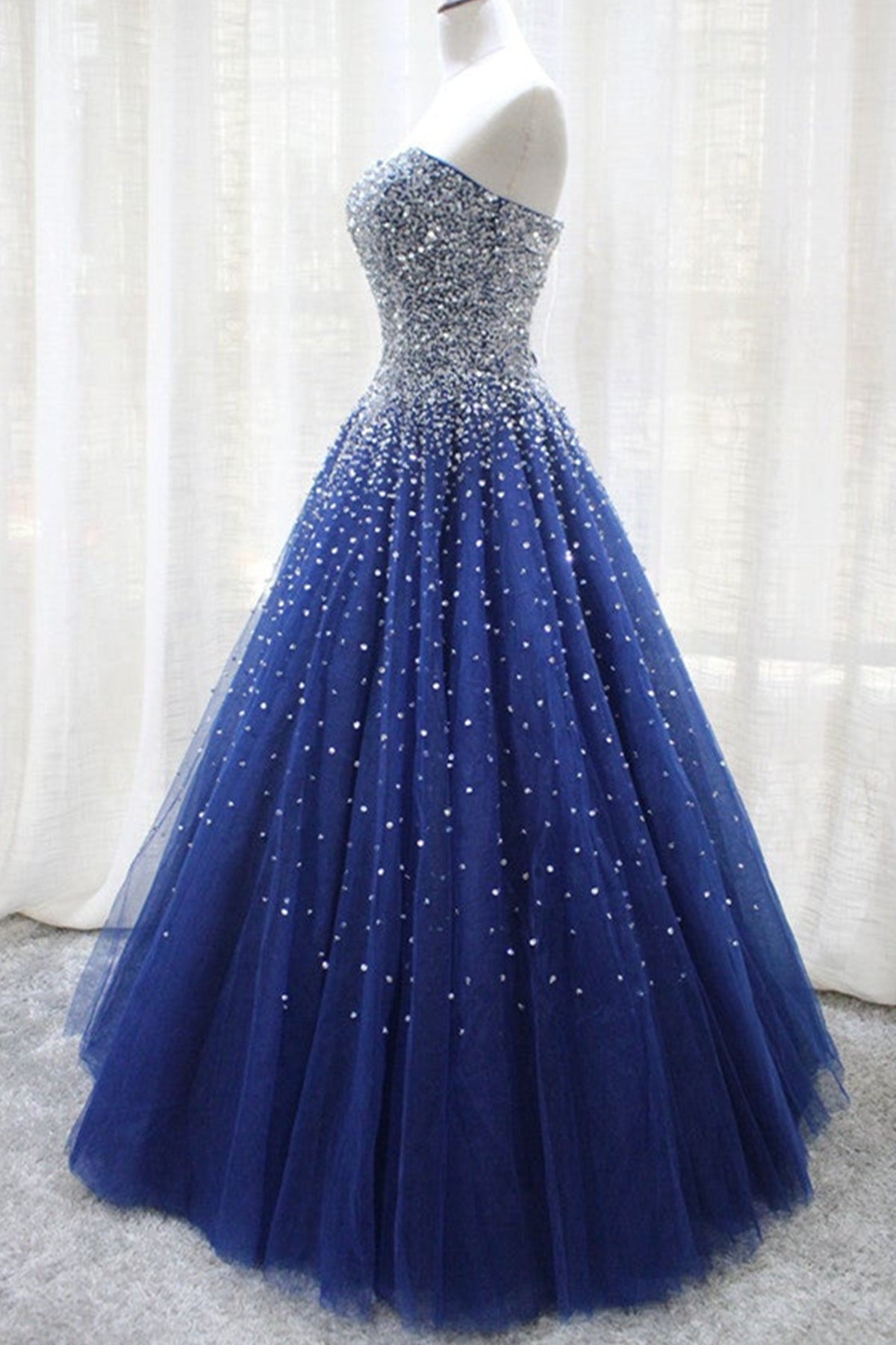 Unthony - Gorgeous Strapless Blue Tulle Beaded Long Prom Dresses