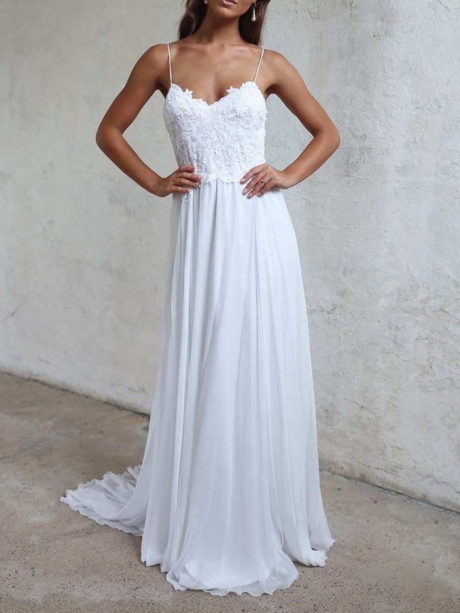Unthony - A Line Spaghetti Straps Backless Lace White Beach Wedding Dresses