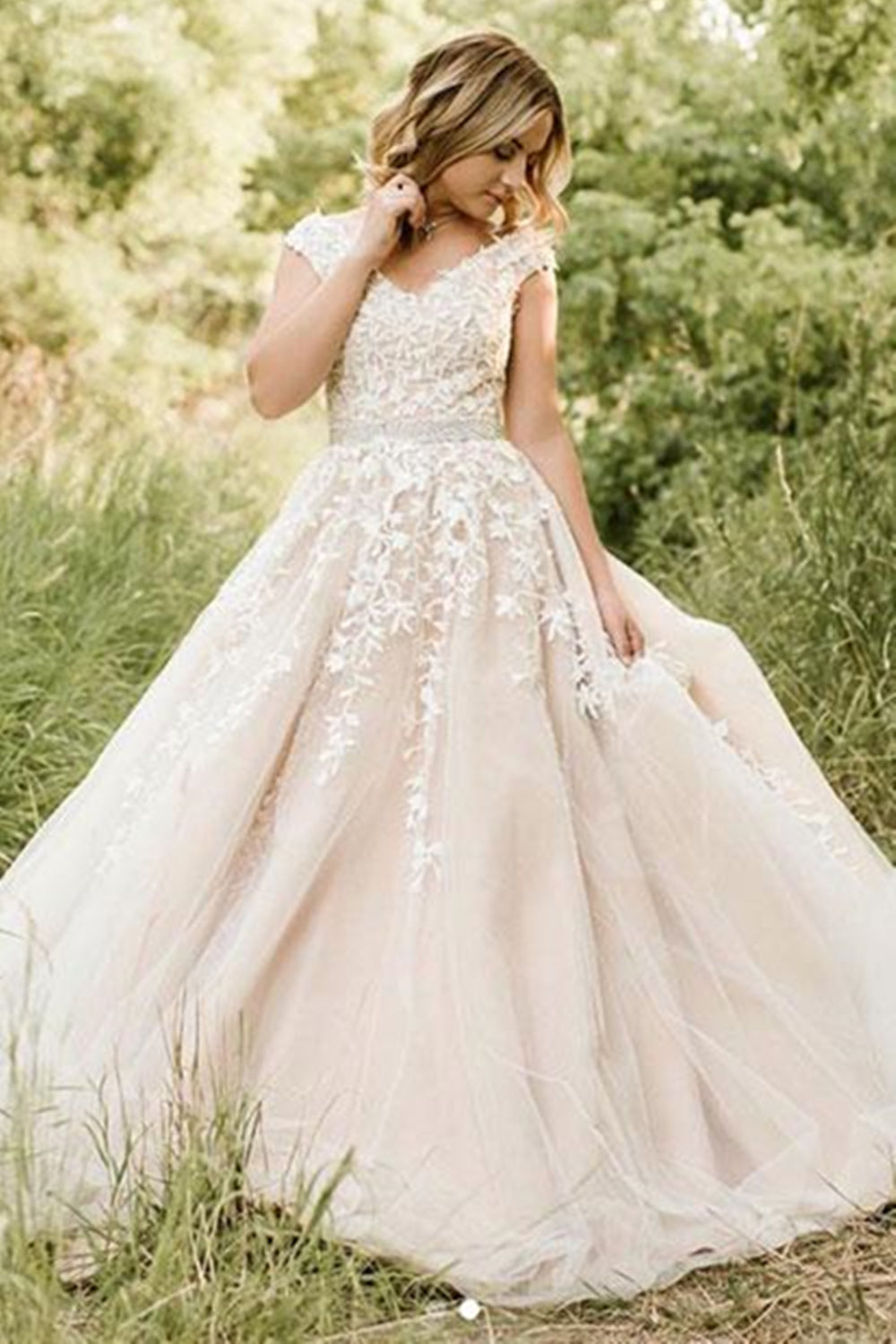 Unthony - V Neck Champagne Lace Long Prom Dress